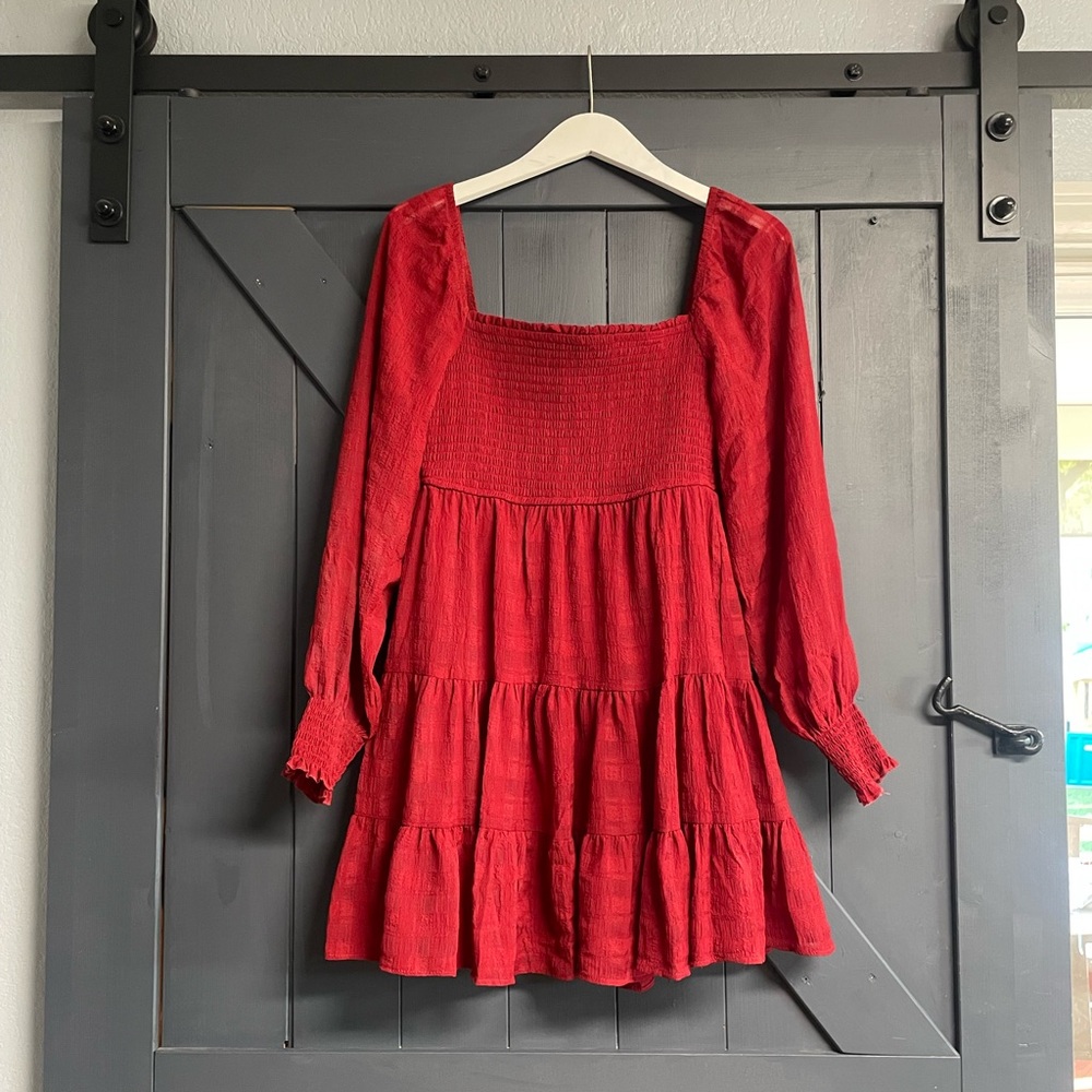 Red Long Sleeve Smocked Tiered Dress